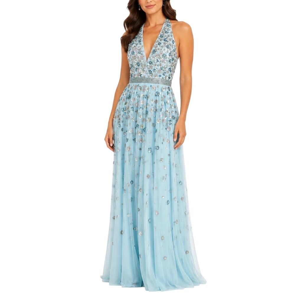 Mac Duggal 5654 Blue Evening Gown Sequined Halter Backless A-Line Dress Size 8